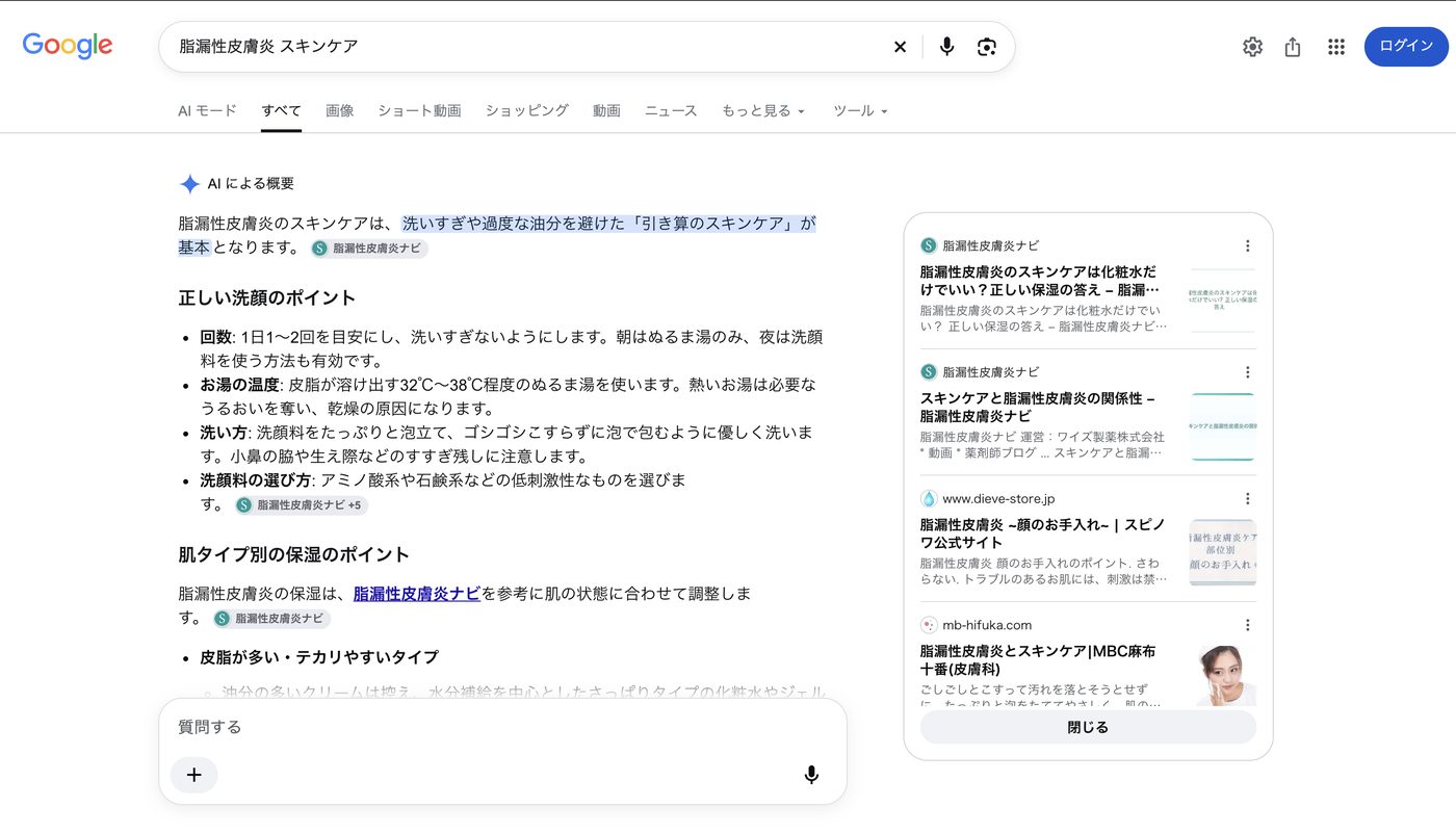 「脂漏性皮膚炎 スキンケア」のAI Overview。冒頭の結論と洗顔のポイントの出典が脂漏性皮膚炎ナビ(+5)、右側の引用元に脂漏性皮膚炎ナビの記事が2本